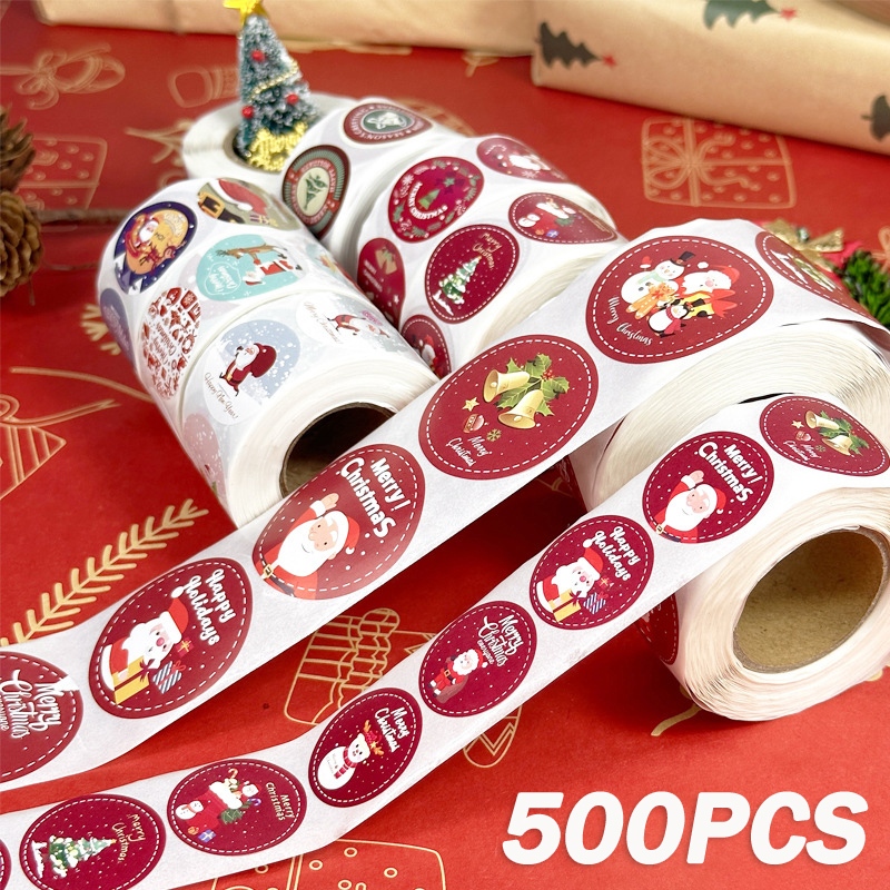 

Bulat Stiker Natal 500pcs Stiker Natal Merry Christmas Hallowen Stiker Roll Label Untuk Tempel Di Kemasan Jualan Sticker Roll