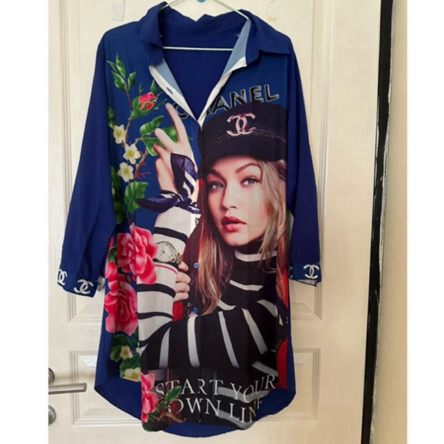 atasan tunik wanita Kemeja over size wanita Kemeja biru elektrik Kemeja panjang wanita