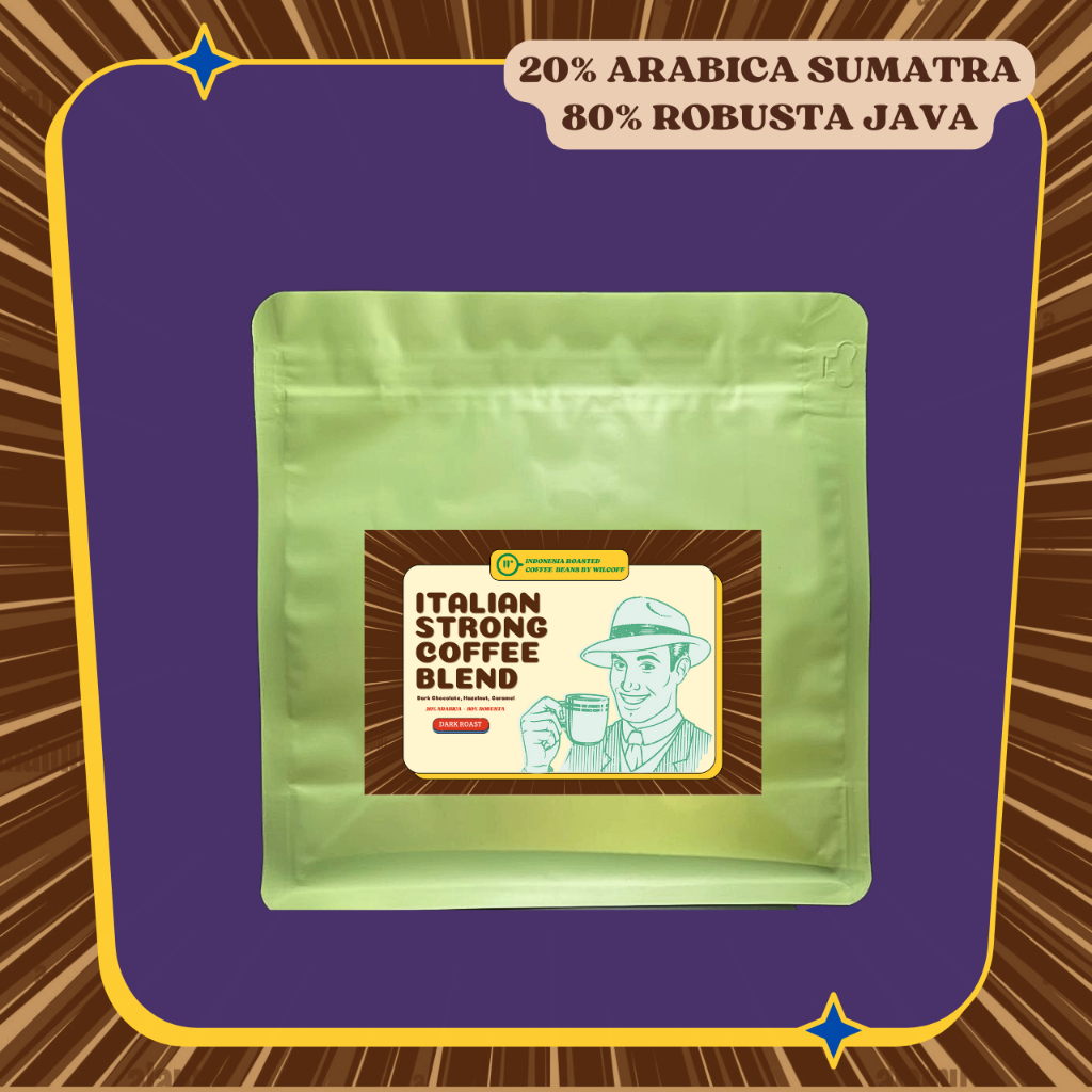 

Biji Bubuk Kopi Arabika Robusta ITALIAN STRONG COFFEE ESPRESSO BLEND Arabica Roasted Coffee Beans by Wilcoff 500 gr