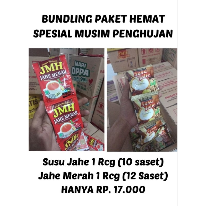 

BUNDLING PAKET HEMAT - PROMO MUSIM PENGHUJAN - INDOSEDAP SUSU JAHE 1 RCG +JMH JAHE MERAH 1 RCG