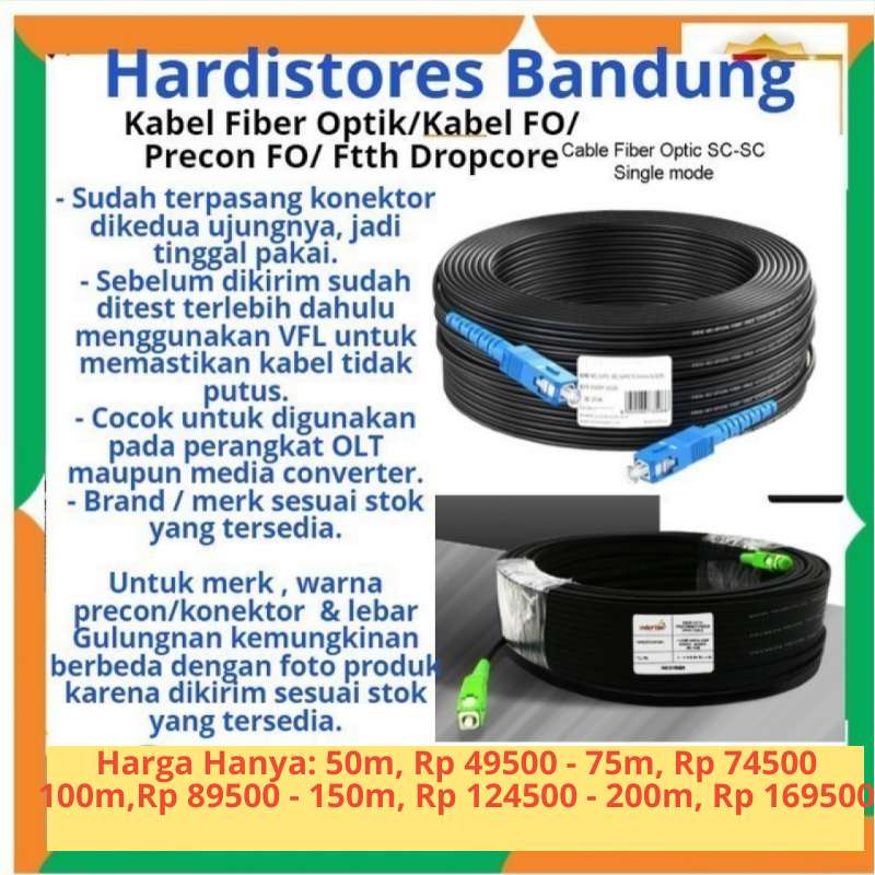 PAYU Dropcore Fiber Optik FTTH Kabel FO Precon 50m 60m 75m 80m Siap pakai Bergaransi