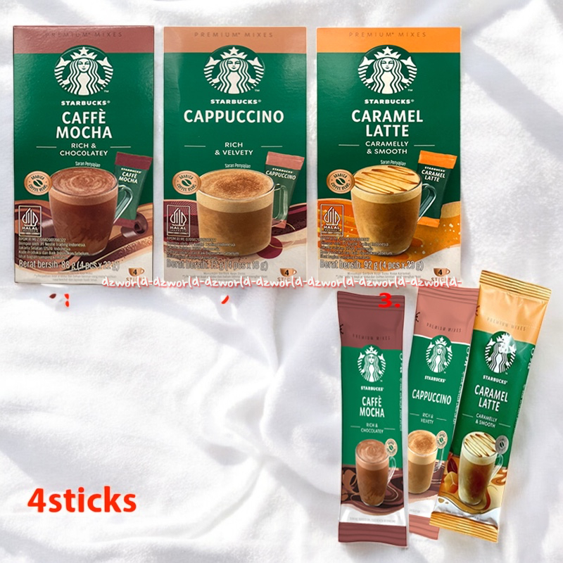 

Starbucks Caffe Mocha Cappucino Caramel Latte 4pcs Rich & Chocolatey Kopi Bubuk Kemasan