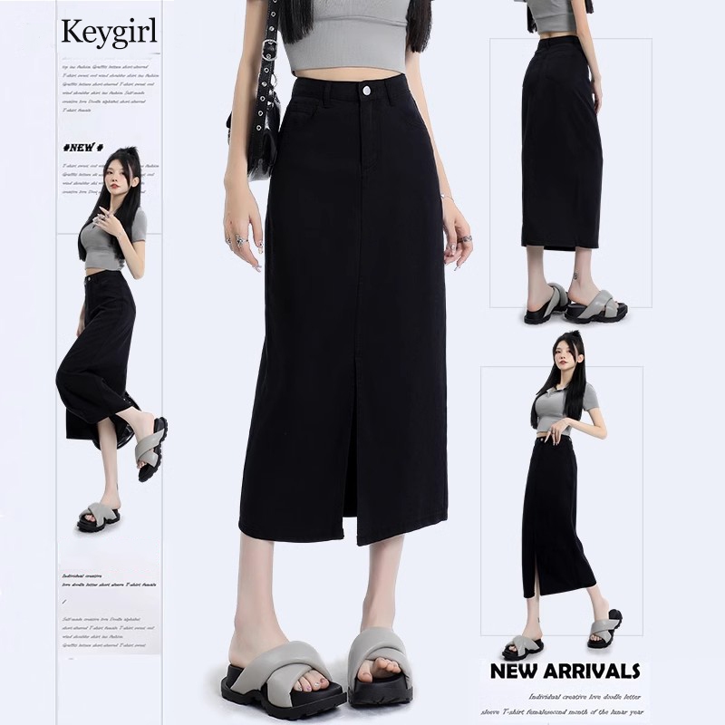 Keygirl rok wanita 7 8 kekinian import hitam premium skirt a line rok jeans belah depan JUMBO