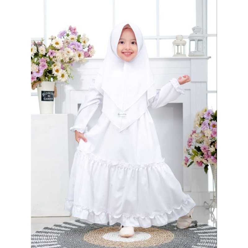 Baju Dress Gamis Anak Perempuan Muslim Warna Polos Putih Bersih Untuk Manasik Haji Tk