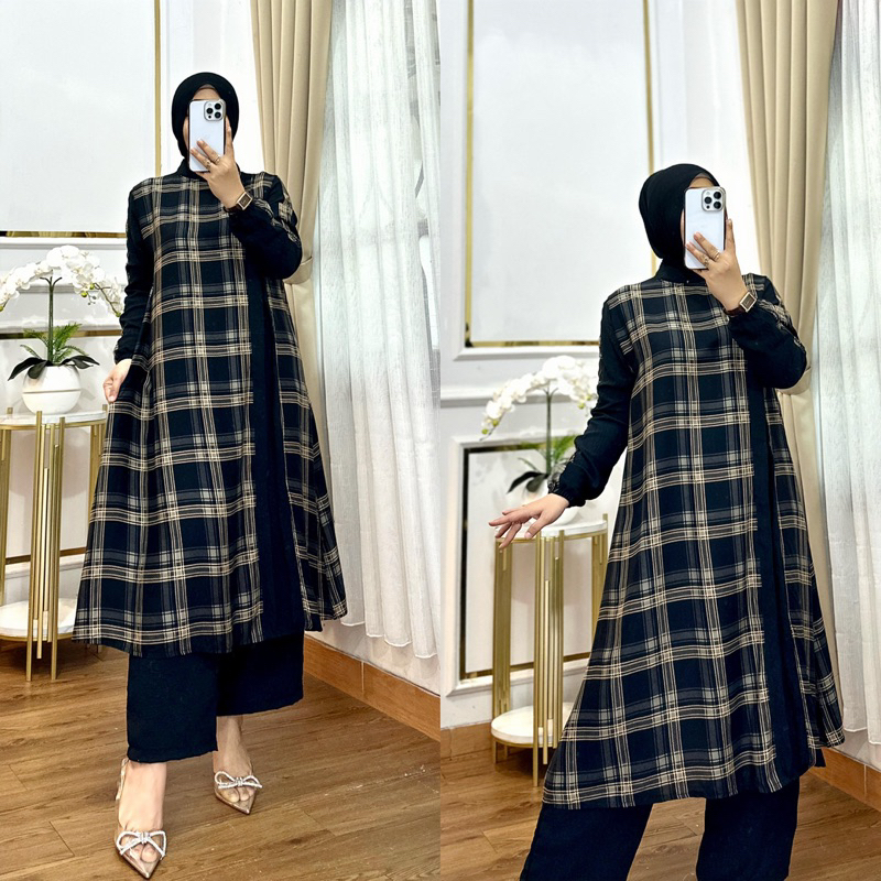 SETELAN CELANA LONG TUNIK MOTIF KOTAK CANTIK DENGAN BAHAN RAYON SUPER ADEM CELANA BAHAN KRINGKEL PRE