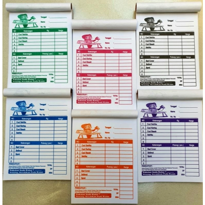 

NOTA LAUNDRY 1 ply / 1 rangkap warna warni motif ORANG SETRIKA PAKAIAN