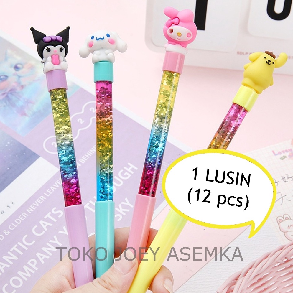 

KODE V48A 12 PCS PEN GLITTER SANRIO KUROMI CINAMOROLL PURIN MELODY QUICKSAND BLINK BLIK BOLPEN PENA PULPEN