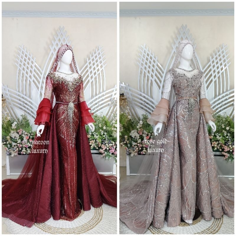 GAUN DRESS WEDDING PENGANTIN | BAJU PENGANTIN BEREKOR |GAUN SLIM EKOR MUSLIMAH |BAJU PENGANTIN MEWAH