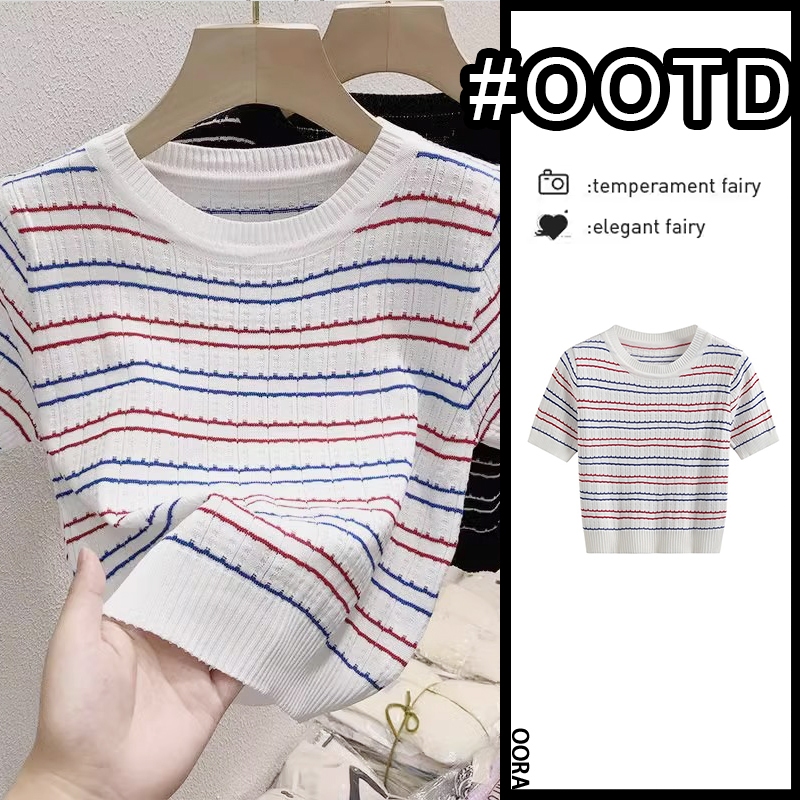 OORA Kaos Rajut Wanita Import Premium Lengan Pendek Korean Style Stripe Kaos Atasan Wanita/Atasan Ra