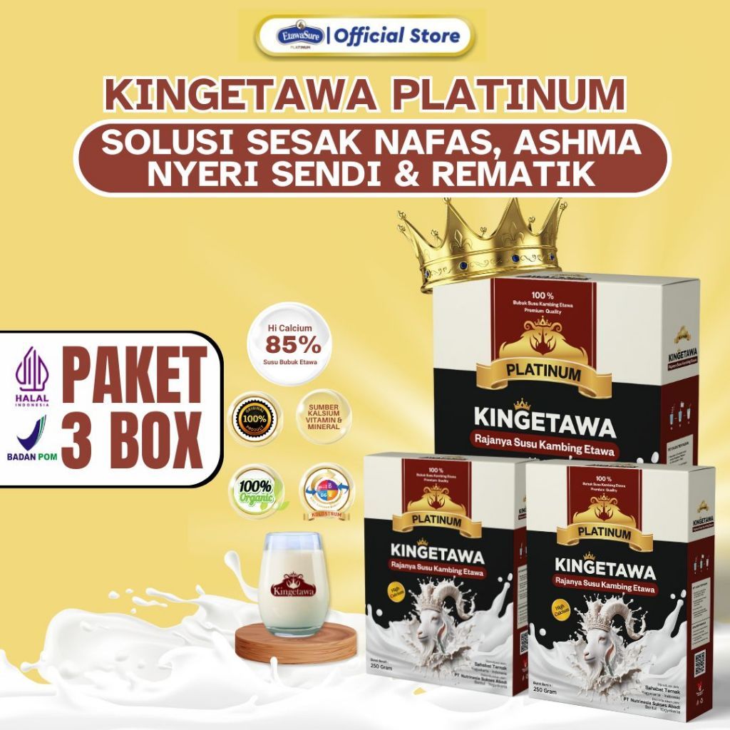 

Kingetawa Platinum - Susu Etawa Premium 100% Asli BPOM - 3 BOX 750g - Nyeri, Sesak Nafas & Rematik