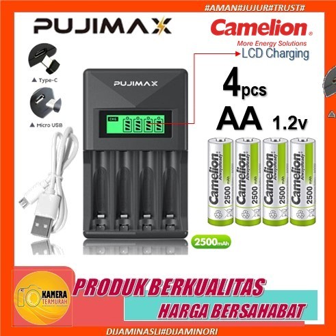 Paket Baterai Rechargeable Camelion Battery Rechargeable AA 2500mAh Isi 4 + Pujimax Charger AA AAA N