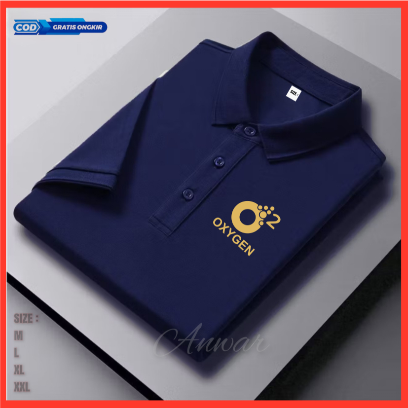 Polo Oxigen Motif Lengan Pendek Atasan Casual Baju Lelaki Wanita Terbaru Bahan Katun Tebal Adem