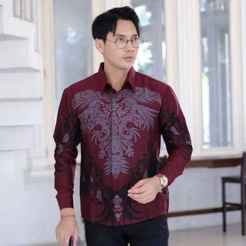KEMEJA BATIK PRIA LENGAN PANJANG WARNA MERAH MAROON TERBARU BATIK PRIA M, L, XL, XXL