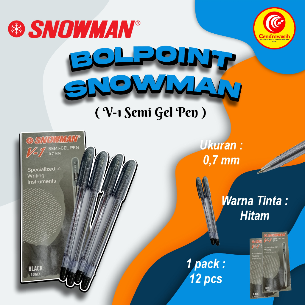 

BOLLPOINT SNOWMAN V-1 SEMI GEL 0,7MM HITAM 12PCS/1PACK