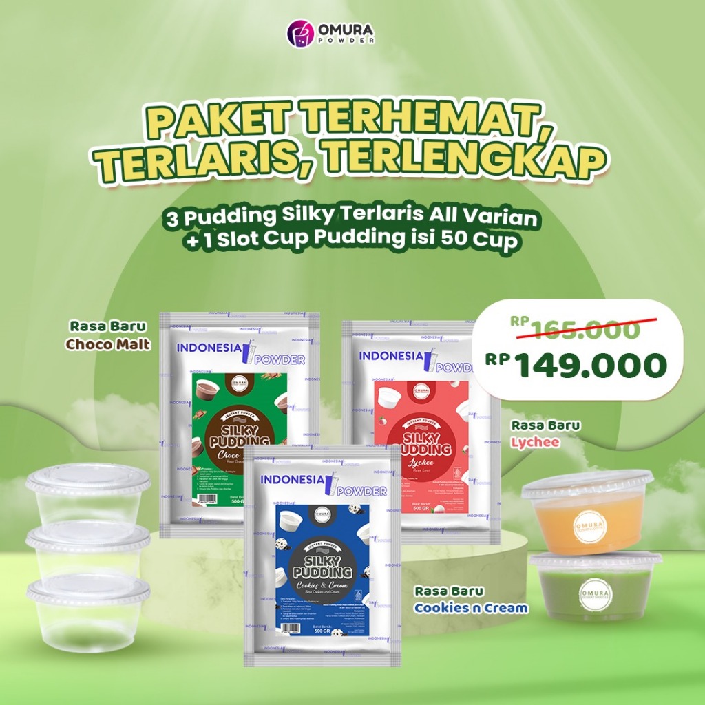 

[PAKET SILKY PUDDING] Bubuk Silky Pudding Aneka Rasa 500 Gr + Cup Puyo Dengan Tutup Puding Sutera Pudot Omura Powder