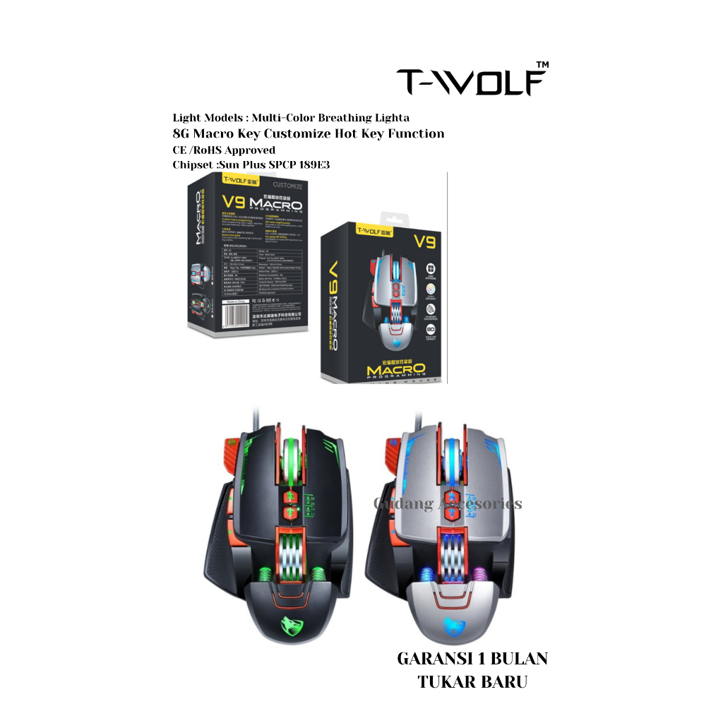 MOUSE Gaming RGB T- WOLF V9 3200 DPI Macro Programming RGB Wired