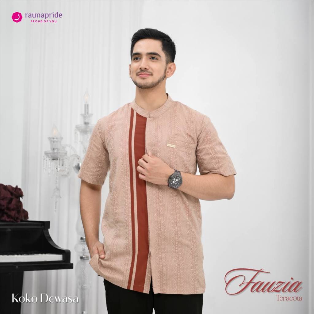 Rauna Sarimbit Fauzia Baju Koko Pria Lengan Pendek Teracotta Emerald Cotton Tenun Polly Rayon RKF
