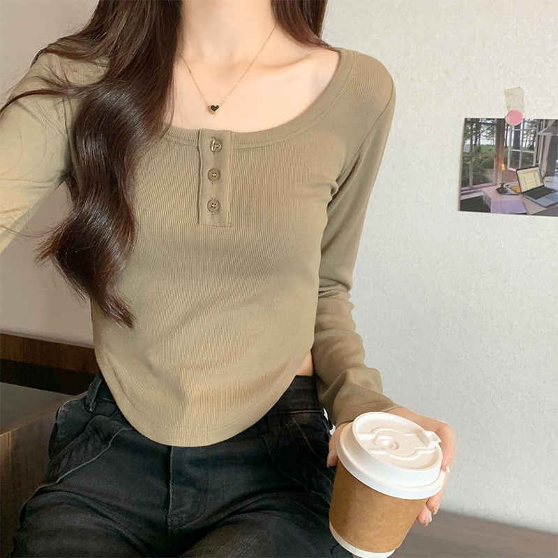 Kaos Wanita Lengan Panjang Knit Blouse Wanita Premium Atasan Crop Slit Button Style Korea