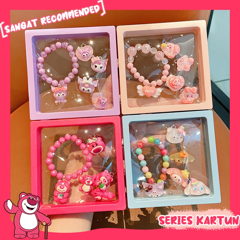ROVEDCITY Sanrio Gelang Anting Cincin Manik-Manik Motif Kartun Gelang Sanrio Anak-anak Kristal Karak