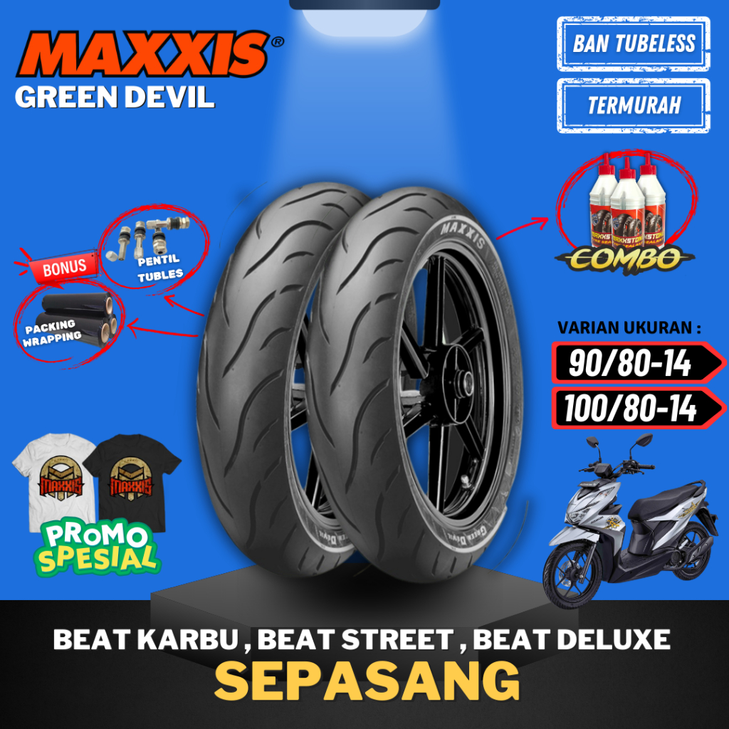 PROMO [PAKET SEPASANG MURAH] BAN MAXXIS GREEN DEVIL RING 14 ( 90/80-14 & 100/80-14 ) / BAN MAXXIS