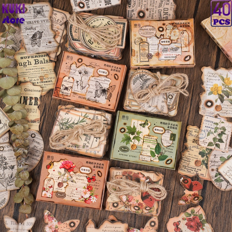 

40 Pcs/Box Gaya Retro, Tanaman Dan Huruf, Pola Yang Kaya, Tema Tahun Yang Terbakar