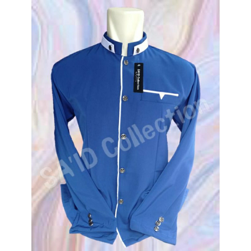 Koko Jasko  Dewasa Muslim Baju Pria Semi Jas Polosan Warna Biru Lis Putih