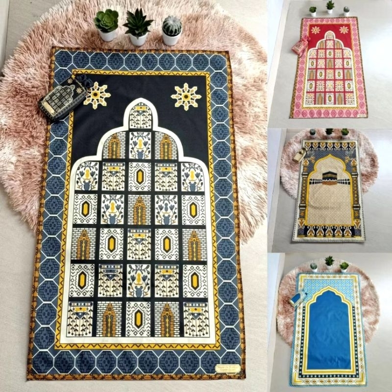 MURAH  SAJADAH TRAVEL  JUMBO PREMIUM DILENGKAPI POUCH MINI BAHAN SILKY POLYESTER HALUS MOTIF CANTIK 