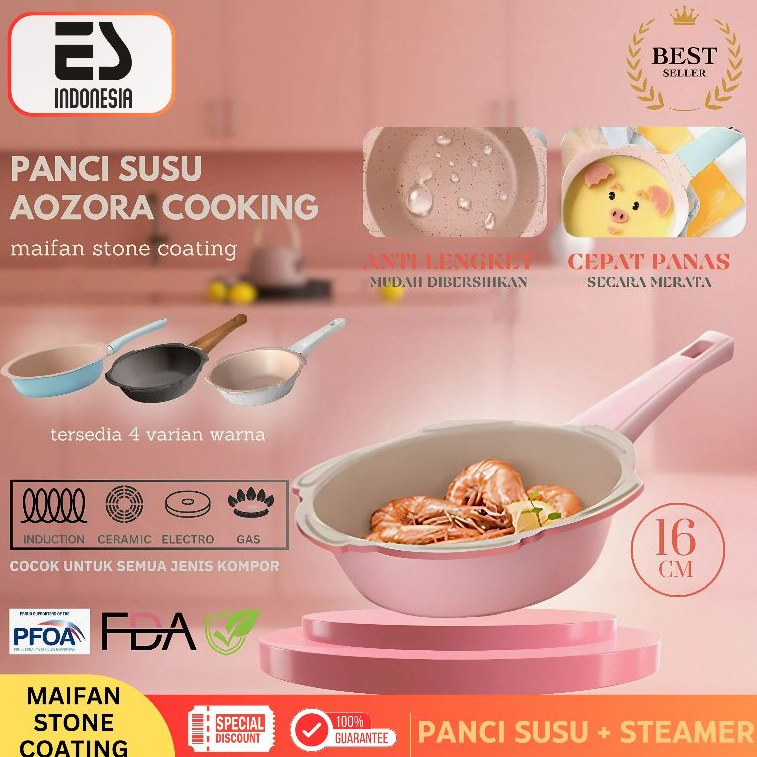 ESINDO Panci Susu dan Steamer - Set Panci Mpasi Bayi Peralatan Makan Bayi / Teflon Mpasi / Panci Sus