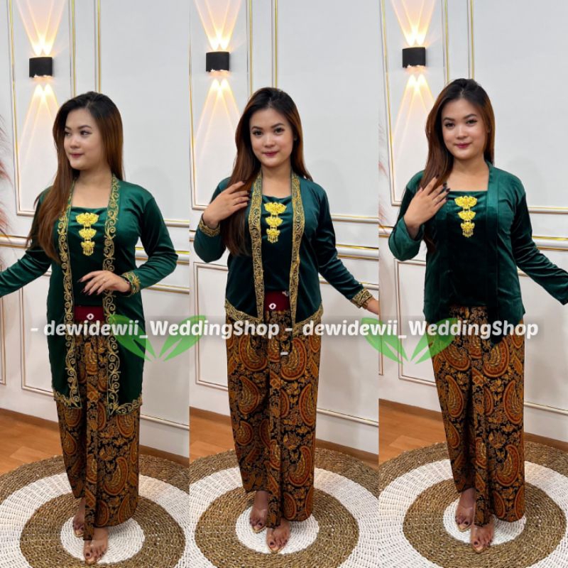 Kebaya Bludru Kutubaru - Warna Hijau Botol | Polos / Bordir