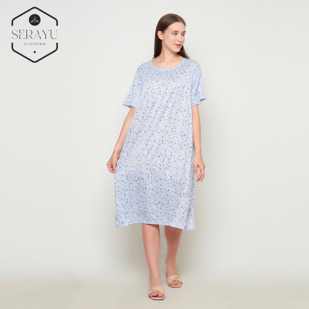 Sky Bloom Daster | Home Dress | Daster Midi Biru Langit | Pakaian Wanita | Baju Tidur - Serayu Cloth