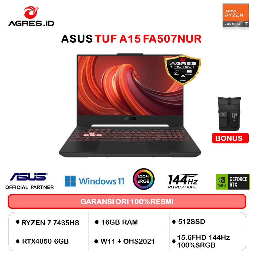 ASUS TUF A15 FA507NUR RYZEN 7 7435HS RTX4050 6GB/ 16GB 512GB W11+OHS 15.6FHD 144HZ 100SRGB (BOX MOU)