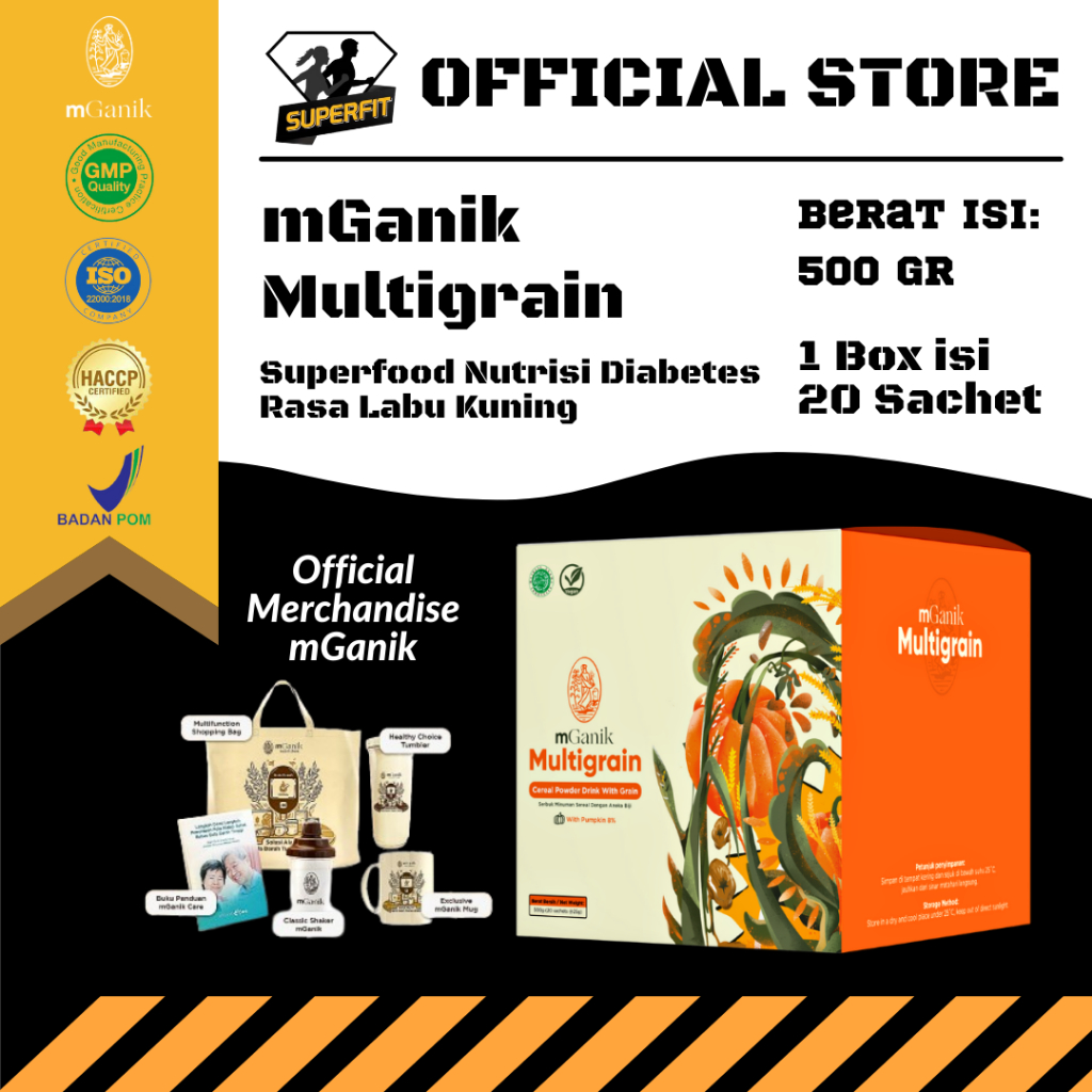 

mGanik Multigrain Labu Kuning 1 Box isi 20 Sachet 500gr Superfood Diet Diabetes Herbal Alami Vegan Protein Nabati Fitronutrien Low GI Low Calorie Meal Replacement BPOM HALAL