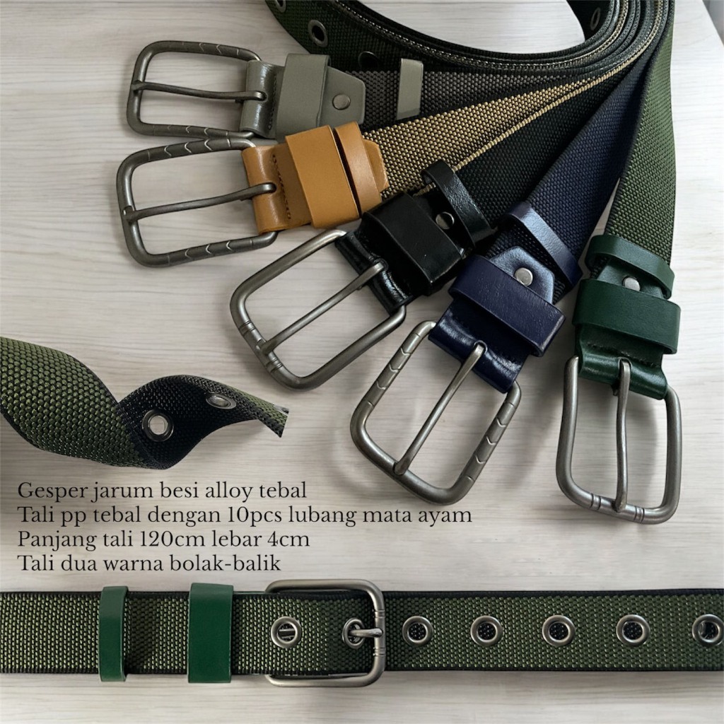 Tali Ikat Pinggang Pria Canvas 2 Warna Model Jarum Nylon Belt Gesper Sabuk Dua Sisi 2 in 1