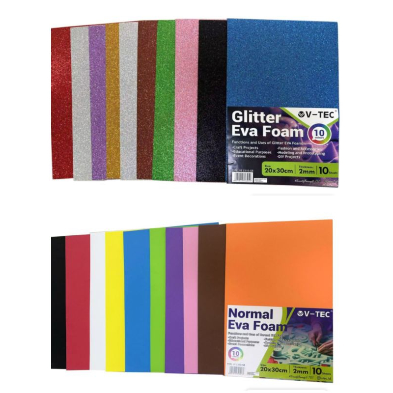 CREATIVE EVA FOAM ART PAPEL GOMA SET 10 WARNA 20x30 BUSA ATI KREASI POLOS GLITTER STIKER