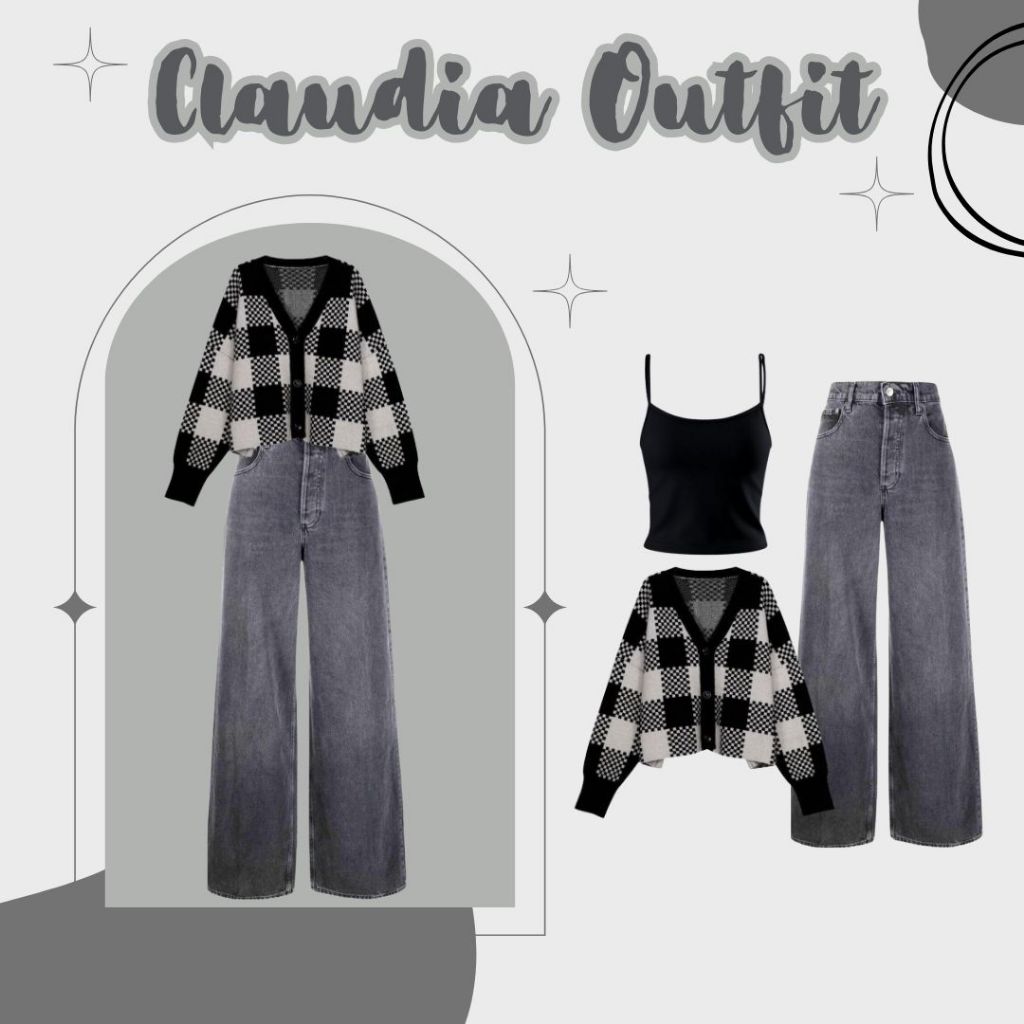 Claudia Outfit 3in1 (Tanktop, Sweater, Celana) Oneset Murah Fashionable Celana Kulot Jeans