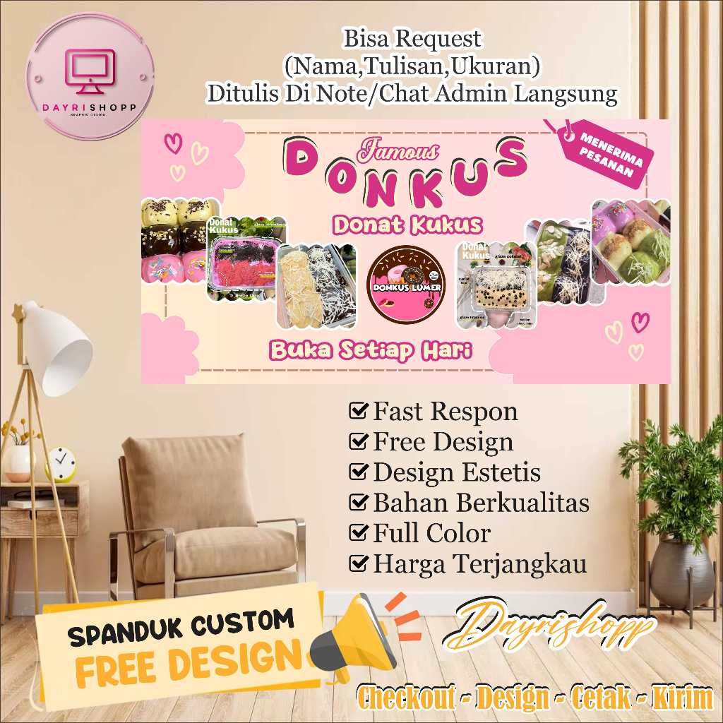 Size 100X50  Cm,Spanduk Banner Donkus Donat Kukus Terbaru Custom