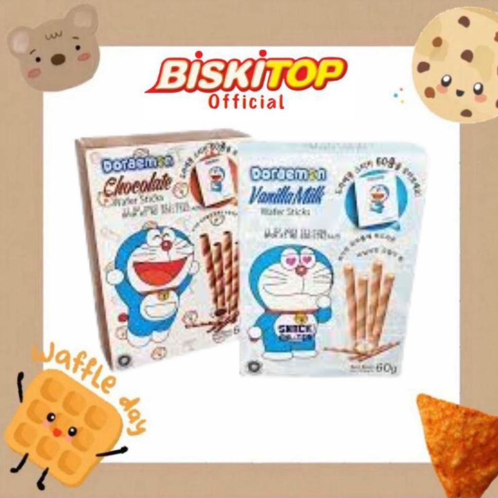 

BISKITOP OFFICIAL - DORAEMON 60g Rasa Coklat Vanilla Milk Biskuit Anak Enak Lebaran Biscuit Waffer Stick Roll Murah