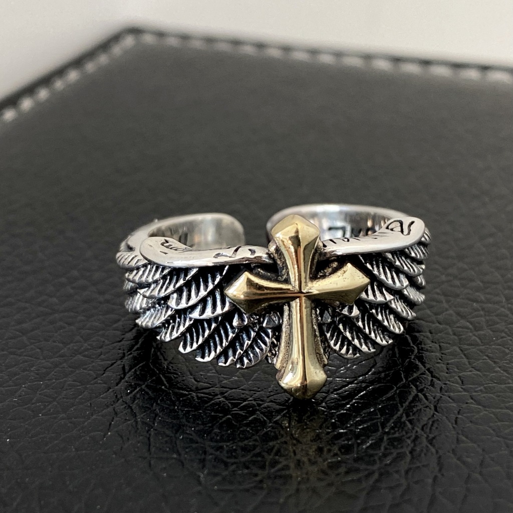 Cincin Salib Sayap Gold / Cincin Jesus Cowok Cewek Kristen Katolik Kristiani / Gold Cross Silver Ang