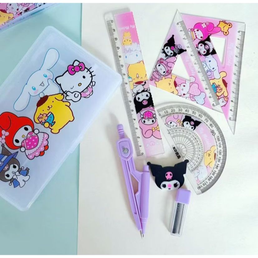 

Set Alat Tulis Jangka Penggaris Busur Sanrio / Jangka Set Kuromi Cinnamorol Melody