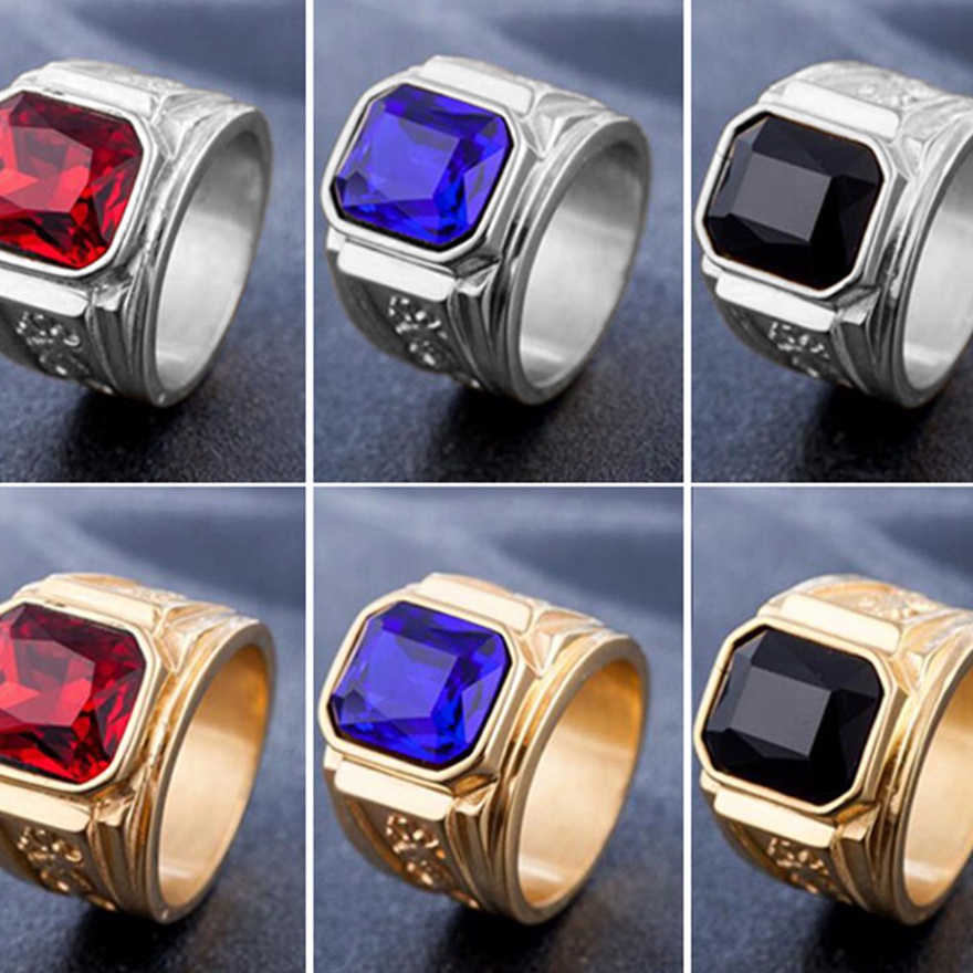 Beli 6 warna Batu permata 18K Emas Perak Baja Titanium Rubi Safir Hitam Kristal Pria Perhiasan Fashi