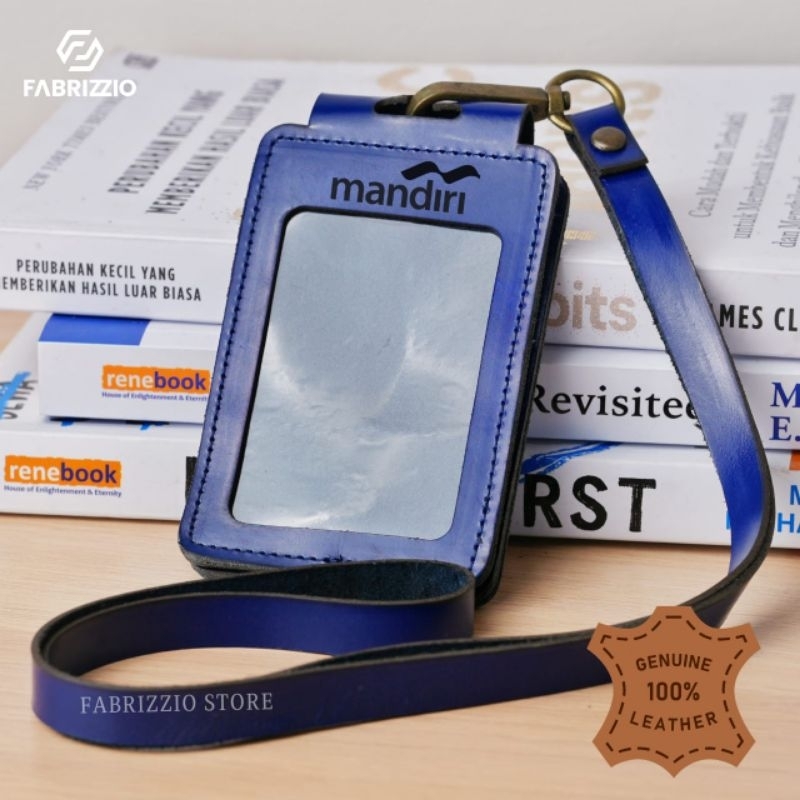 

id card holder lanyard Biru BCA Mandiri BRI PLN kulit asli dobel flip magnet gantung-ID FK