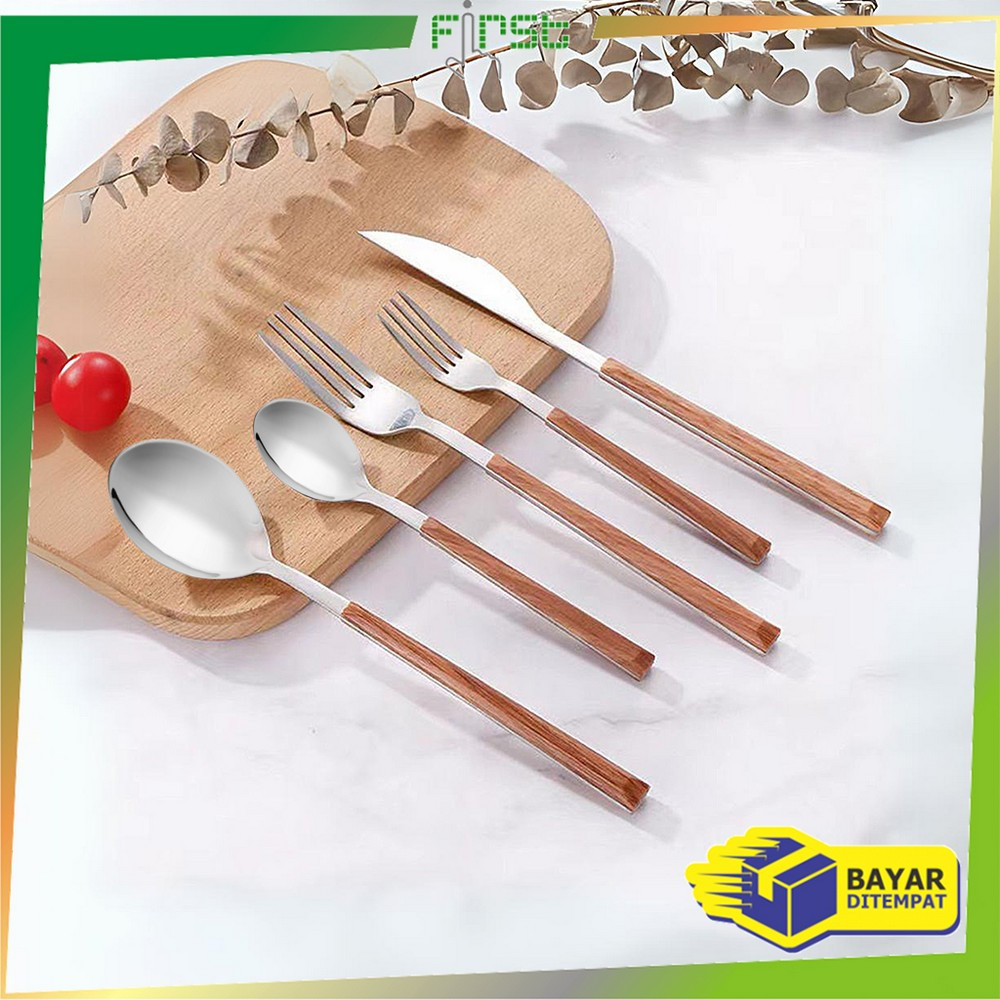 FH-C1166 Sendok Garpu Stainless Steel Korea Handle Kayu / Alat Makan Sendok Garpu Gagang Kayu Wood G