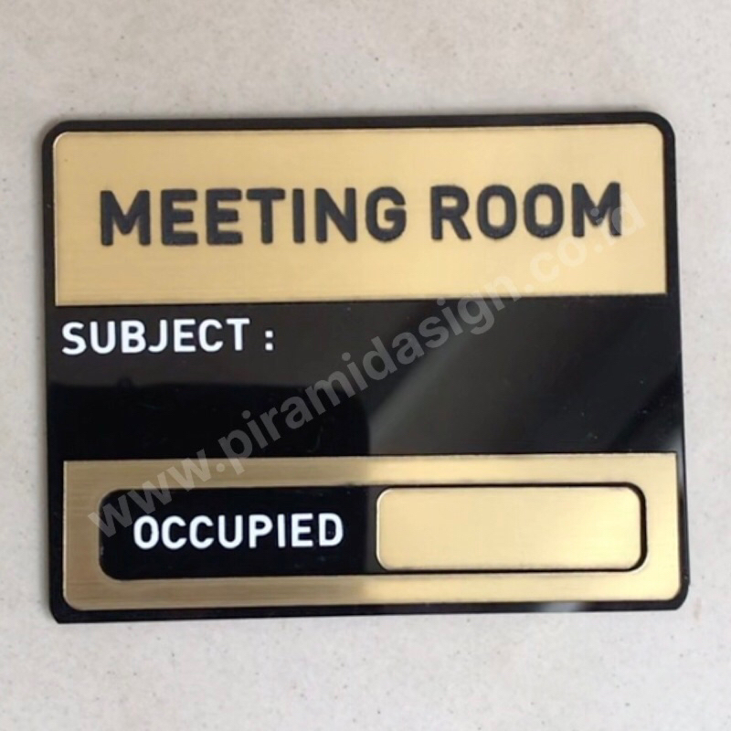 

Sign Meeting room gold motif stainless hairline subject available occupied ruang rapat sliding