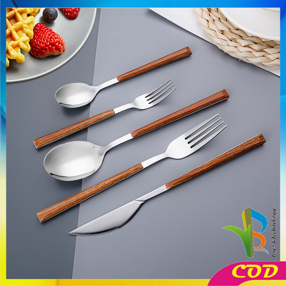 RB-C1166 Sendok Garpu Stainless Steel Korea Handle Kayu / Alat Makan Sendok Garpu Gagang Kayu Wood G