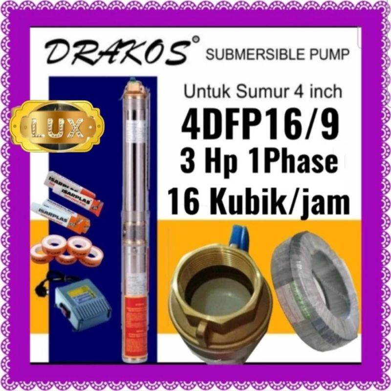 Pompa satelit 4inch 3Hp 1Phase 220 volt DRAKOS 16 Kubik/jam 4DFP16/9 COMPLETE PLUS SET Kabel 3x4 mm 