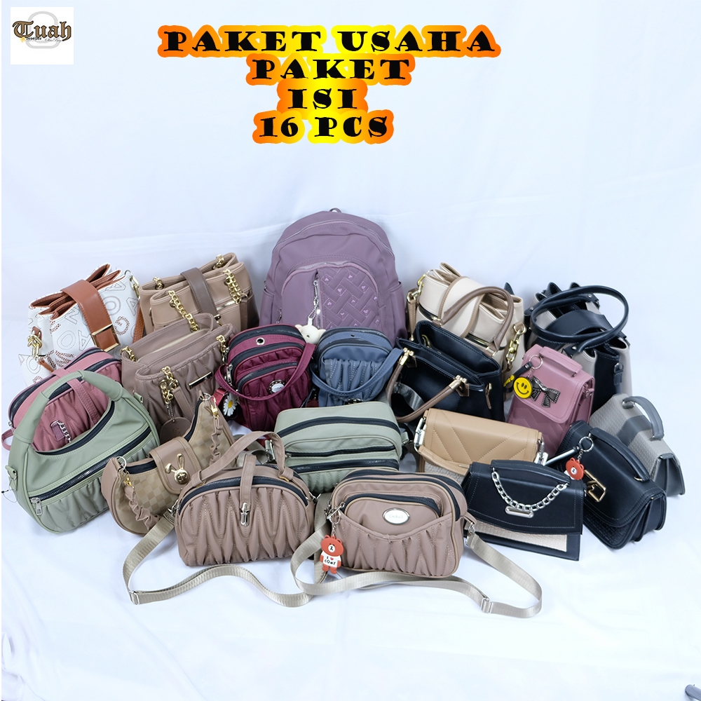 TUAH SLIMBAGS - Paket Usaha Tas Selempang Wanita isi 16 Pcs Random / Tas Grosir Paket Bunding Kombo 