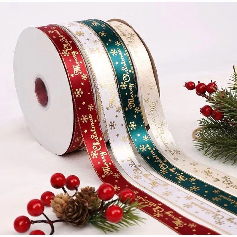 

(1 Roll 22meter) Pita Natal Pita Satin Christmas Ribbon Gift Hampers Kado Dekorasi Natal Merry Christmas