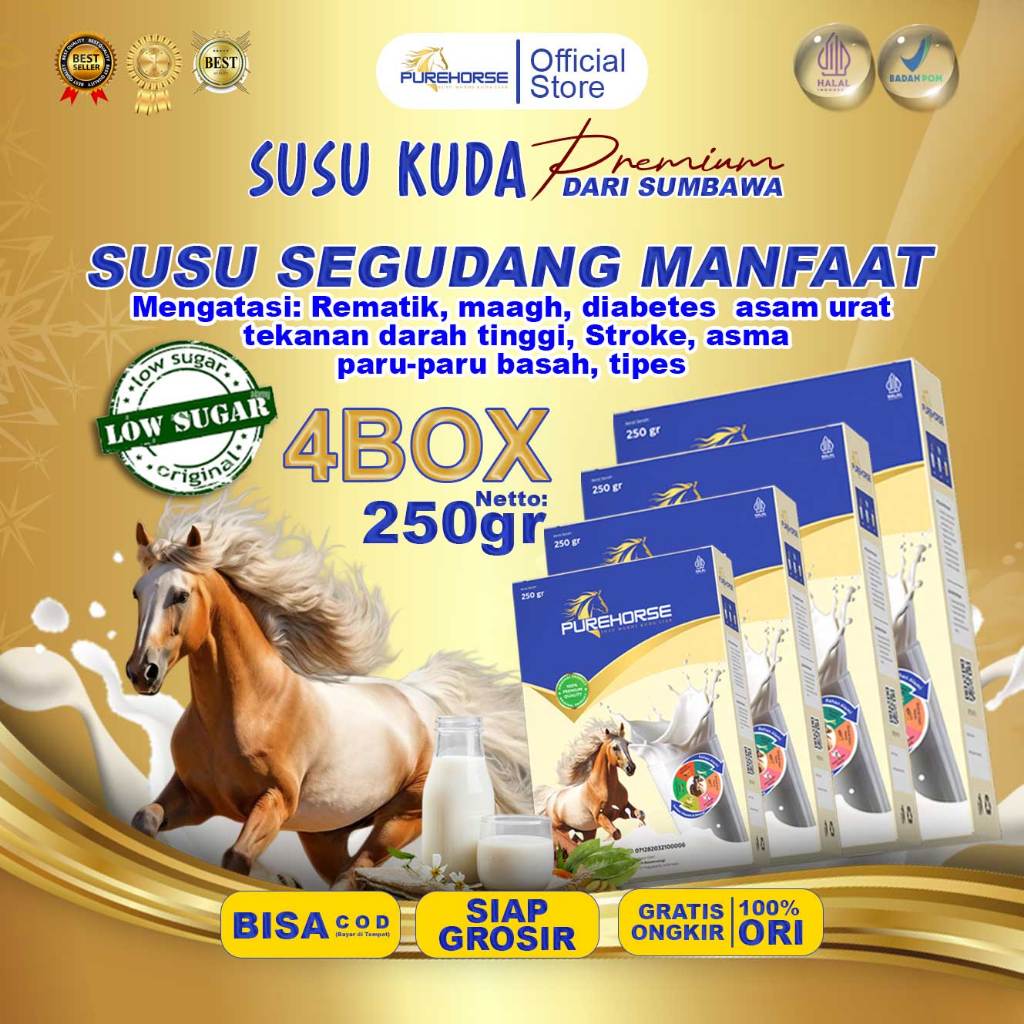 

Purehorse Susu Kuda Asli Sumbawa Kemasan 250gram/Box Paket 4 Lebih Hemat dan Banyak