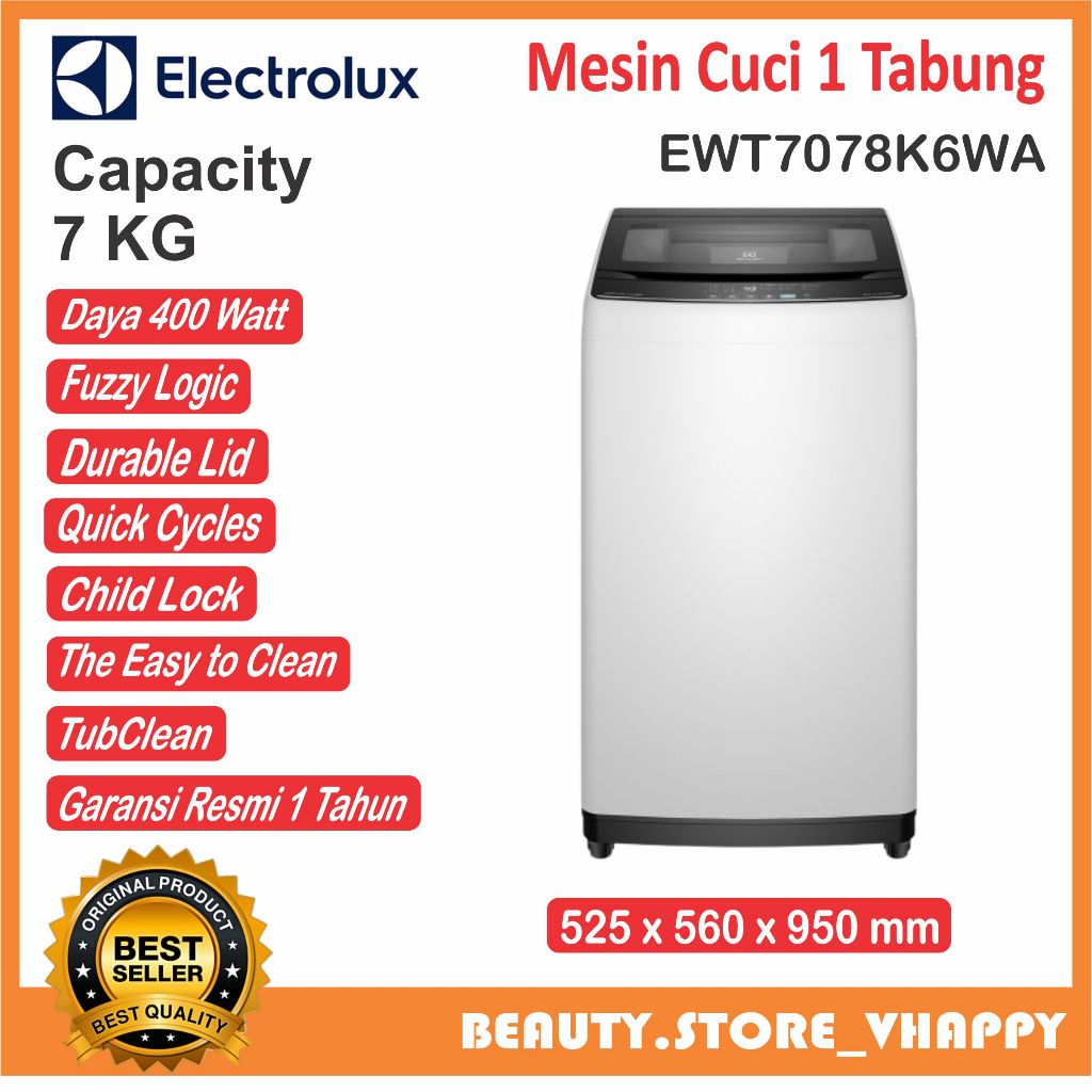 Mesin Cuci Electrolux 1 Tabung Top Load 7 Kg EWT 7078 Garansi Resmi