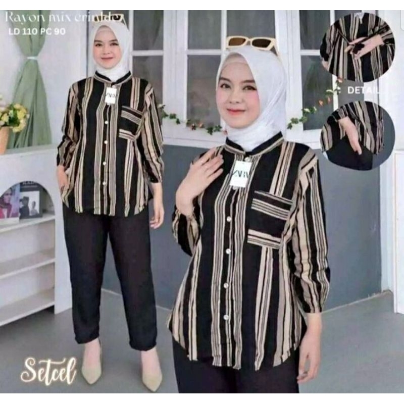 setelan wanita dewasa motif salur terbaru setcel trendy kekinian